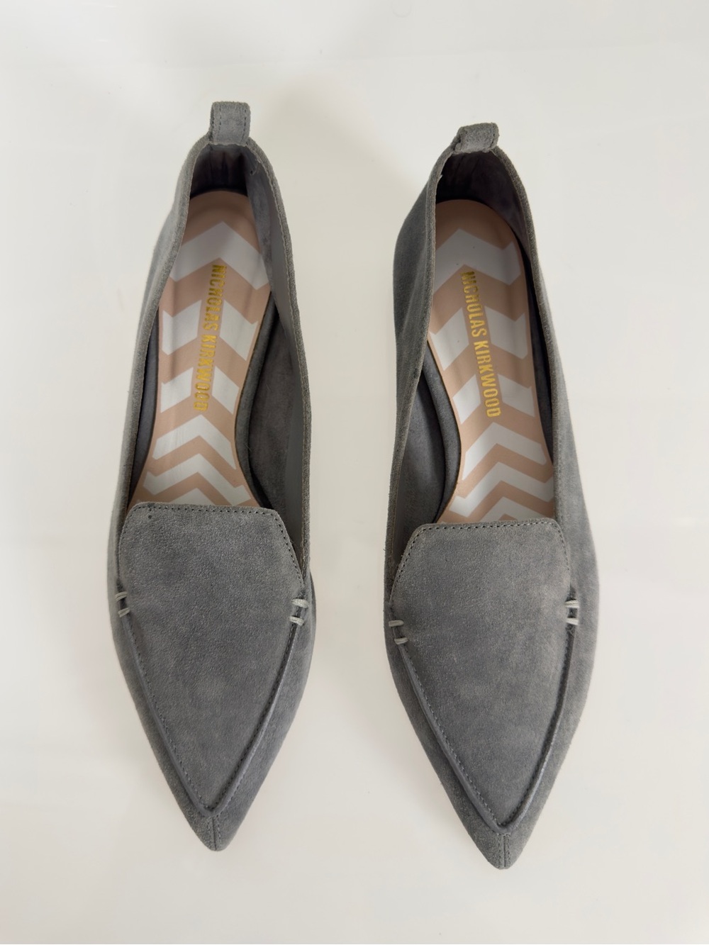 Nicholas Kirkwood Grey Suede Pointed Loafers with Tab Heel